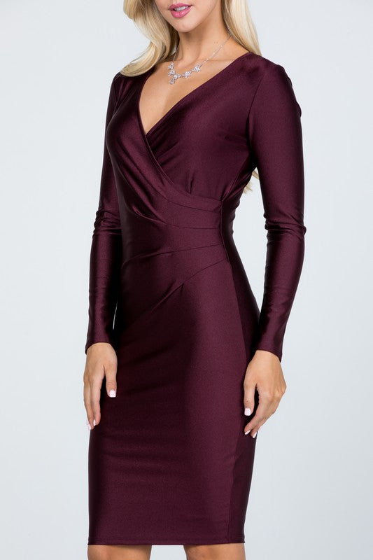 long sleeve shiny tricot overlap midi dress - Fuzzys Fashion USA