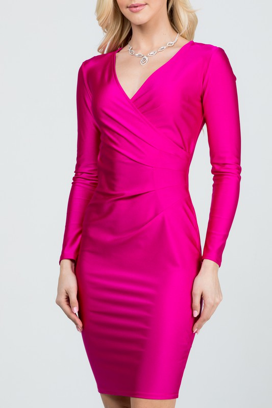 long sleeve shiny tricot overlap midi dress - Fuzzys Fashion USA