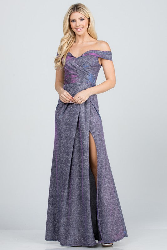 Off the shoulder glittery jacquard gathered gown - Fuzzys Fashion USA