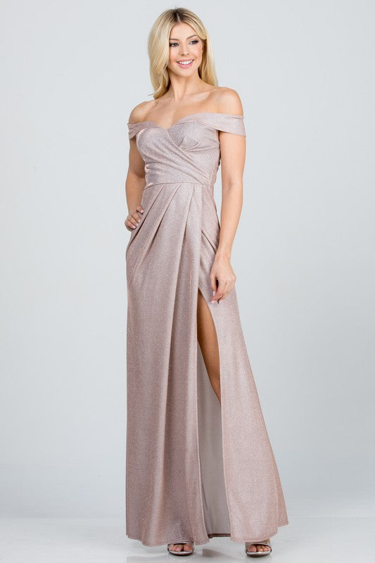 Off the shoulder glittery jacquard gathered gown - Fuzzys Fashion USA