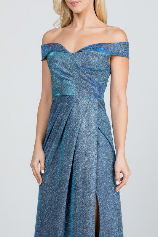 Off the shoulder glittery jacquard gathered gown - Fuzzys Fashion USA