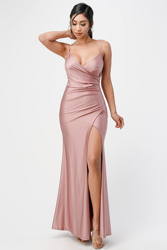 Tara side pleat overlap gown with side opening - Fuzzys Fashion USA