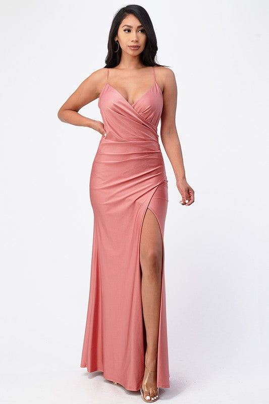 Tara side pleat overlap gown with side opening - Fuzzys Fashion USA