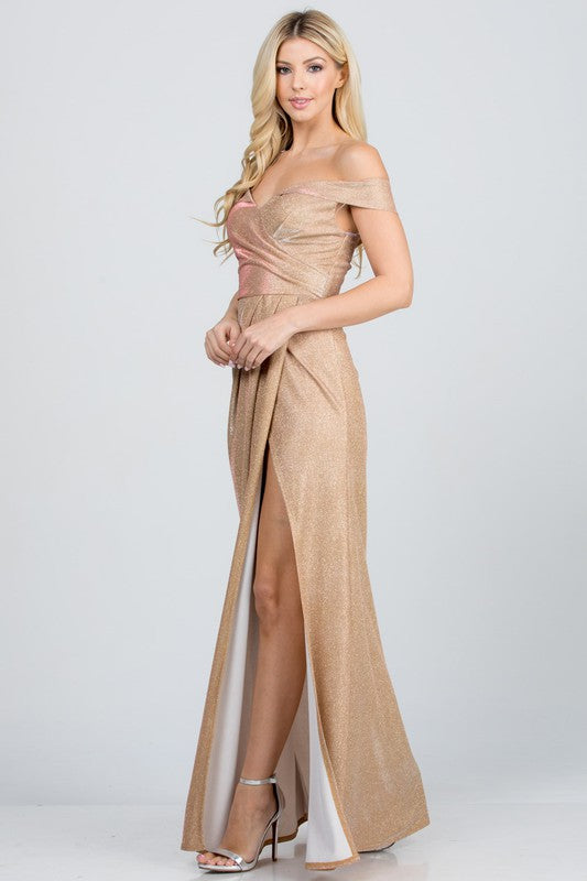 Off the shoulder glittery jacquard gathered gown - Fuzzys Fashion USA