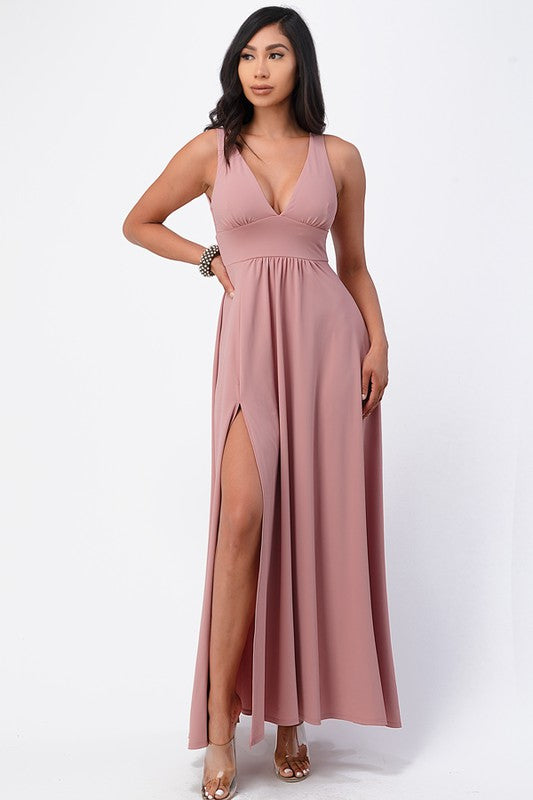 dull tricot deep V neck A line dress - Fuzzys Fashion USA