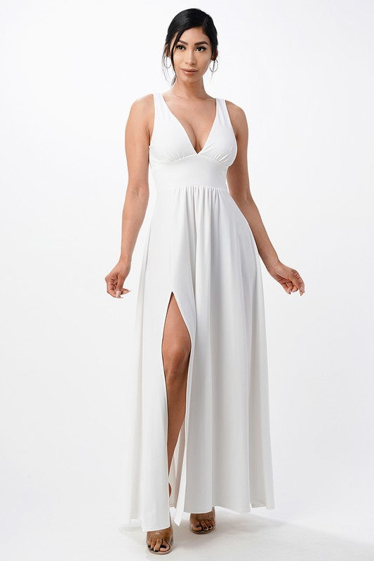 dull tricot deep V neck A line dress - Fuzzys Fashion USA