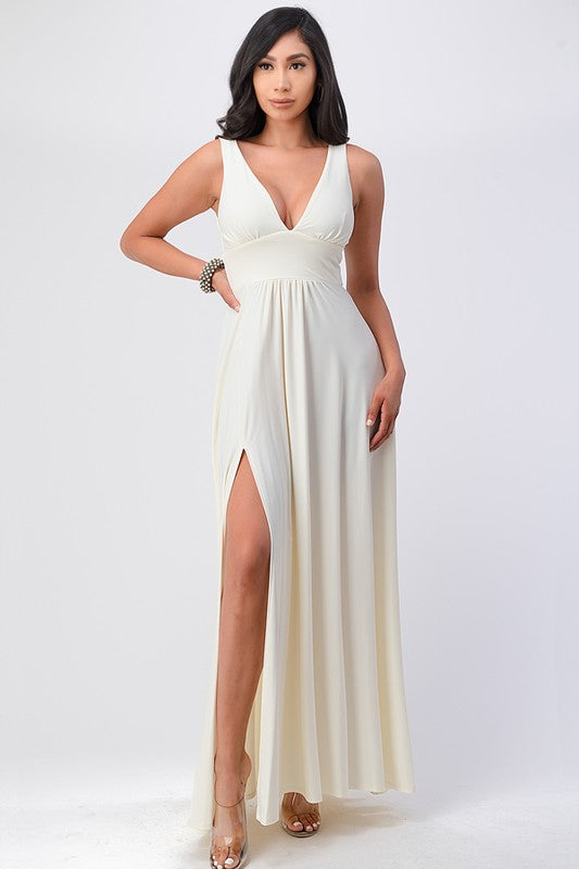 dull tricot deep V neck A line dress - Fuzzys Fashion USA