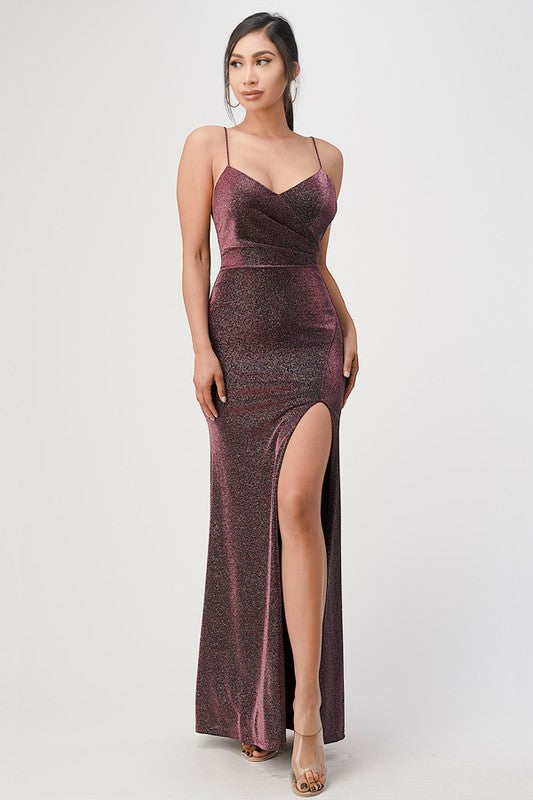 Sparkling knit jacquard side gather spaghetti gown - Fuzzys Fashion USA