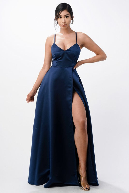 open side back spaghetti zig zag tie satin gown - Fuzzys Fashion USA