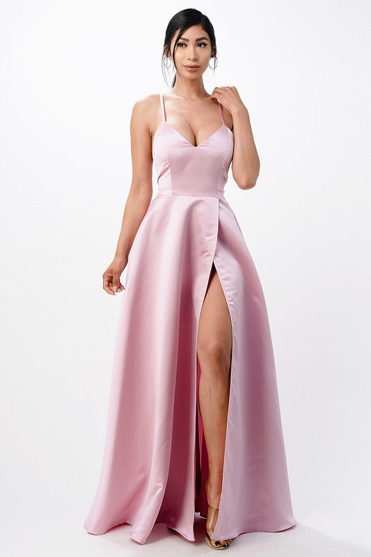 open side back spaghetti zig zag tie satin gown - Fuzzys Fashion USA