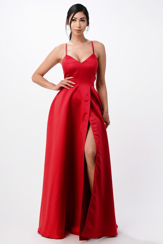 open side back spaghetti zig zag tie satin gown - Fuzzys Fashion USA