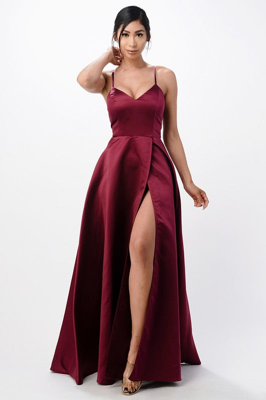 open side back spaghetti zig zag tie satin gown - Fuzzys Fashion USA