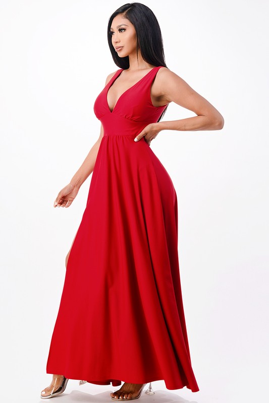 dull tricot deep V neck A line dress - Fuzzys Fashion USA