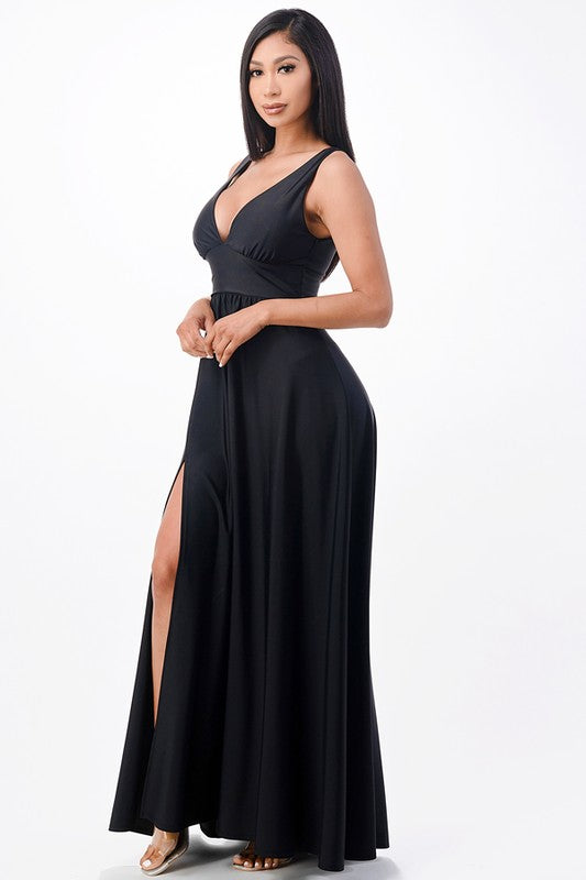 dull tricot deep V neck A line dress - Fuzzys Fashion USA