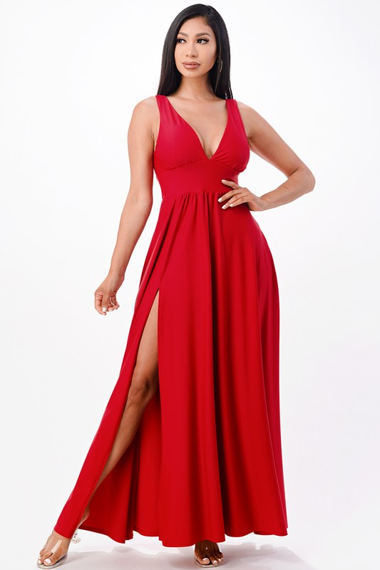 dull tricot deep V neck A line dress - Fuzzys Fashion USA