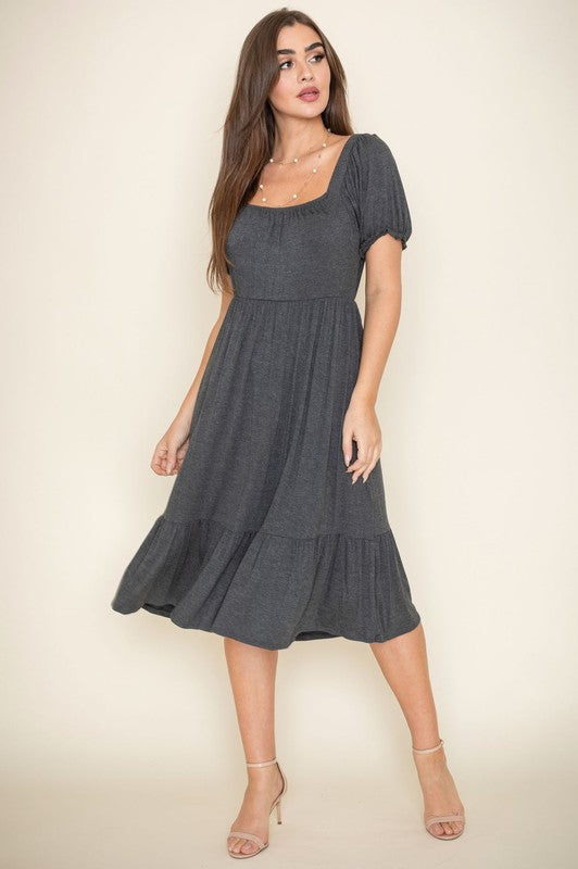 Square Neck Puff Sleeve Boho Dress - Fuzzys Fashion USA