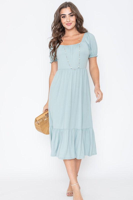 Square Neck Puff Sleeve Boho Dress - Fuzzys Fashion USA