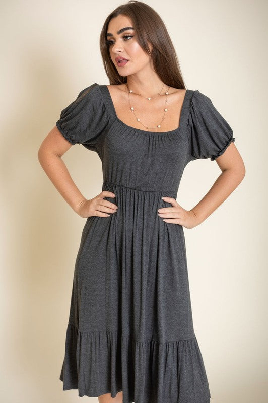 Square Neck Puff Sleeve Boho Dress - Fuzzys Fashion USA