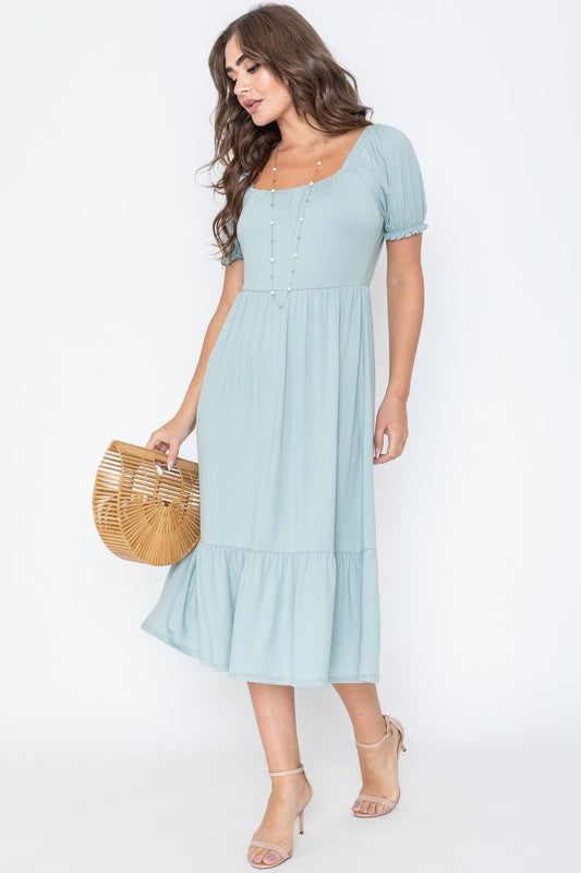 Square Neck Puff Sleeve Boho Dress - Fuzzys Fashion USA
