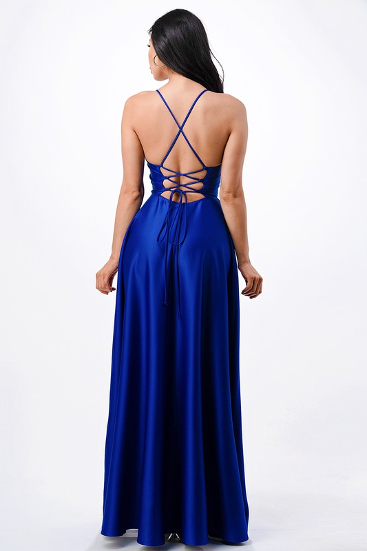 open side back spaghetti zig zag tie satin gown - Fuzzys Fashion USA
