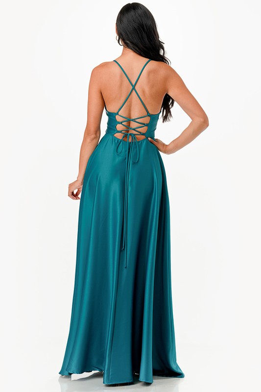 open side back spaghetti zig zag tie satin gown - Fuzzys Fashion USA