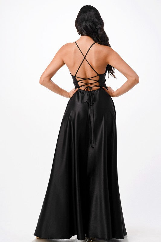 open side back spaghetti zig zag tie satin gown - Fuzzys Fashion USA