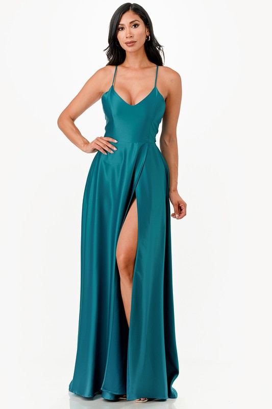 open side back spaghetti zig zag tie satin gown - Fuzzys Fashion USA