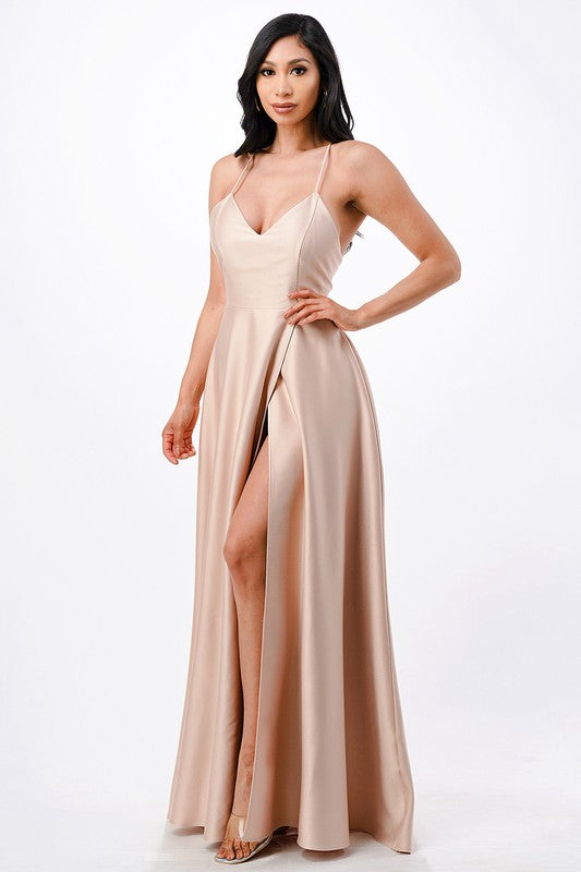 open side back spaghetti zig zag tie satin gown - Fuzzys Fashion USA
