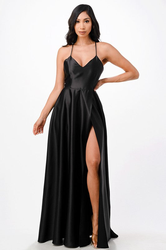 open side back spaghetti zig zag tie satin gown - Fuzzys Fashion USA