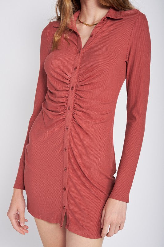 RUTCHED LONG SLEEVE DRESS - Fuzzys Fashion USA