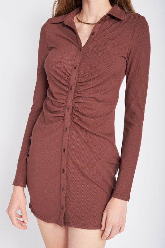 RUTCHED LONG SLEEVE DRESS - Fuzzys Fashion USA