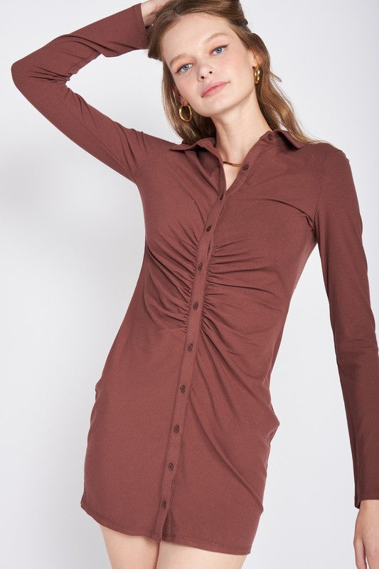 RUTCHED LONG SLEEVE DRESS - Fuzzys Fashion USA