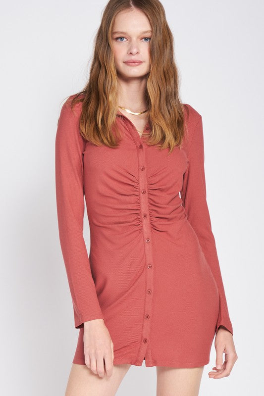 RUTCHED LONG SLEEVE DRESS - Fuzzys Fashion USA