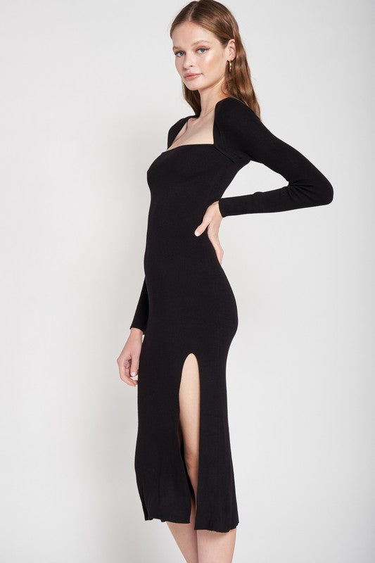 SQUARE NECK MIDI DRESS WITH SLIT - Fuzzys Fashion USA