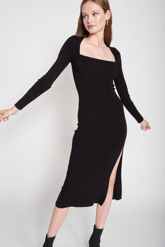 SQUARE NECK MIDI DRESS WITH SLIT - Fuzzys Fashion USA