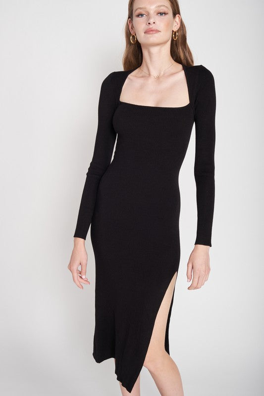 SQUARE NECK MIDI DRESS WITH SLIT - Fuzzys Fashion USA