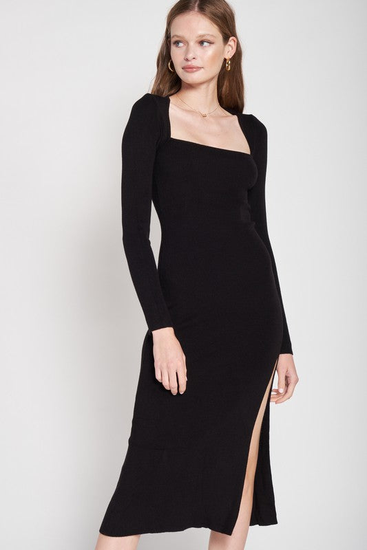 SQUARE NECK MIDI DRESS WITH SLIT - Fuzzys Fashion USA