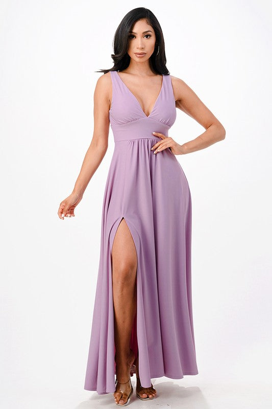 dull tricot deep V neck A line dress - Fuzzys Fashion USA