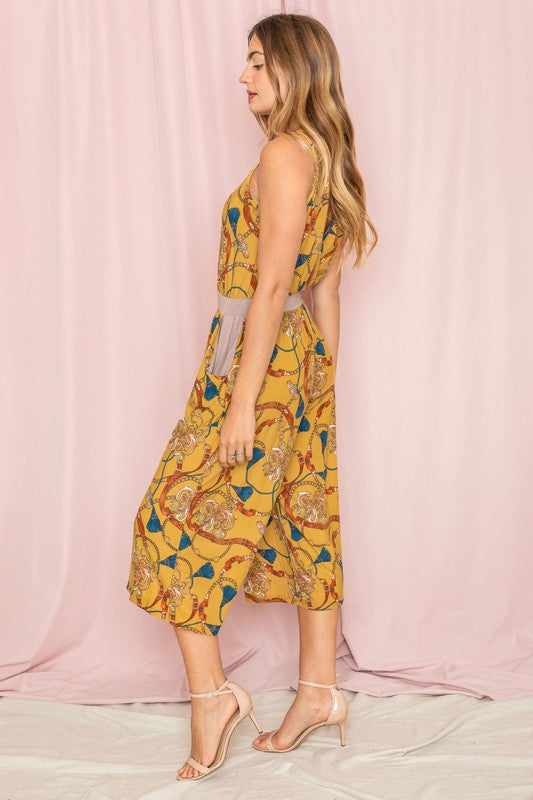Blouson Chain Tassel Print Cropped Jumpsuit