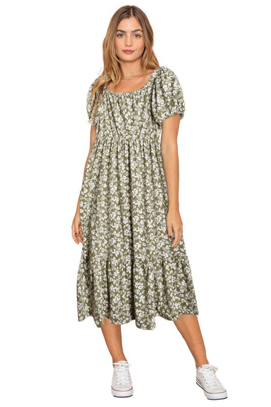 Paisley Floral Square Neck Puff Sleeve Boho Dress - Fuzzys Fashion USA