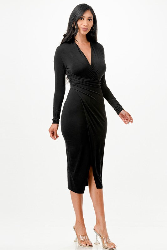 Criss Cross Long Sleeve Midi Dress - Fuzzys Fashion USA
