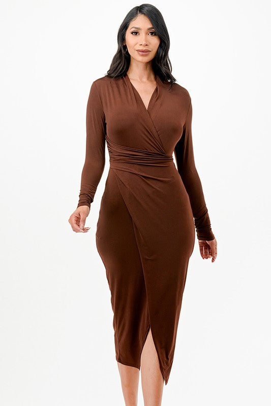 Criss Cross Long Sleeve Midi Dress - Fuzzys Fashion USA