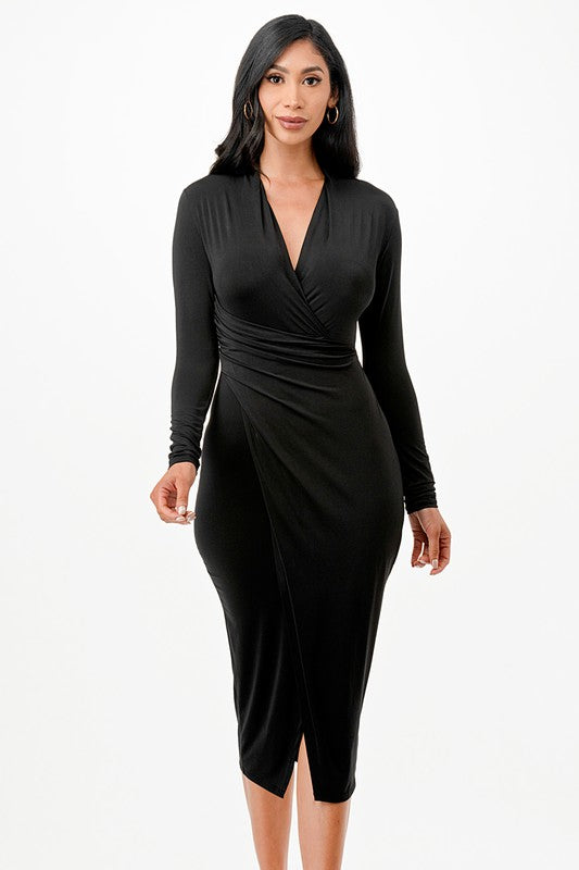 Criss Cross Long Sleeve Midi Dress - Fuzzys Fashion USA