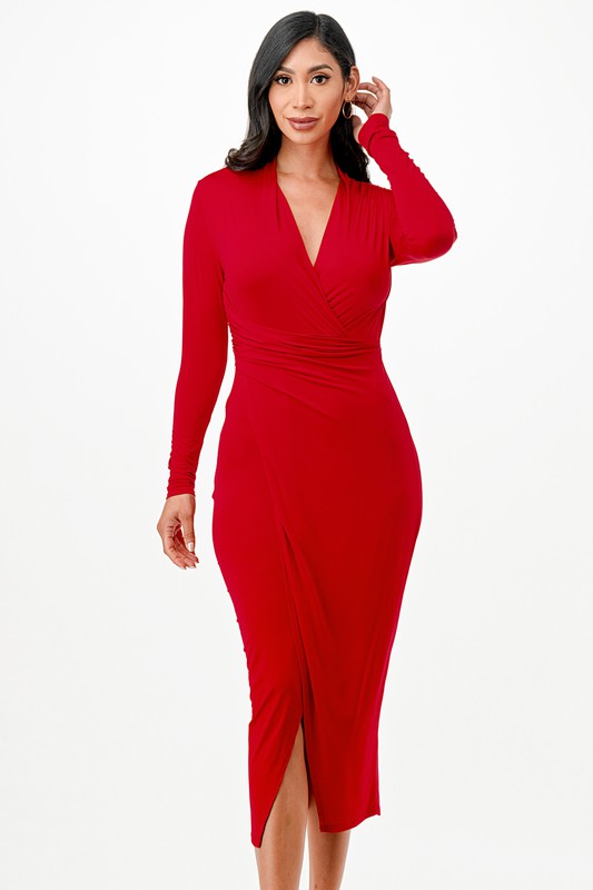 Criss Cross Long Sleeve Midi Dress - Fuzzys Fashion USA