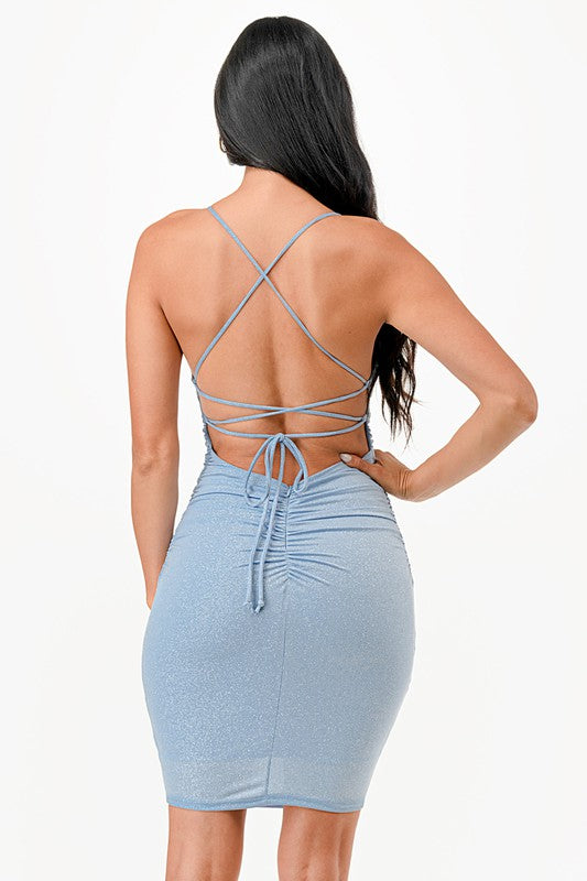 Glittered Back Lace up Short Dress - Fuzzys Fashion USA