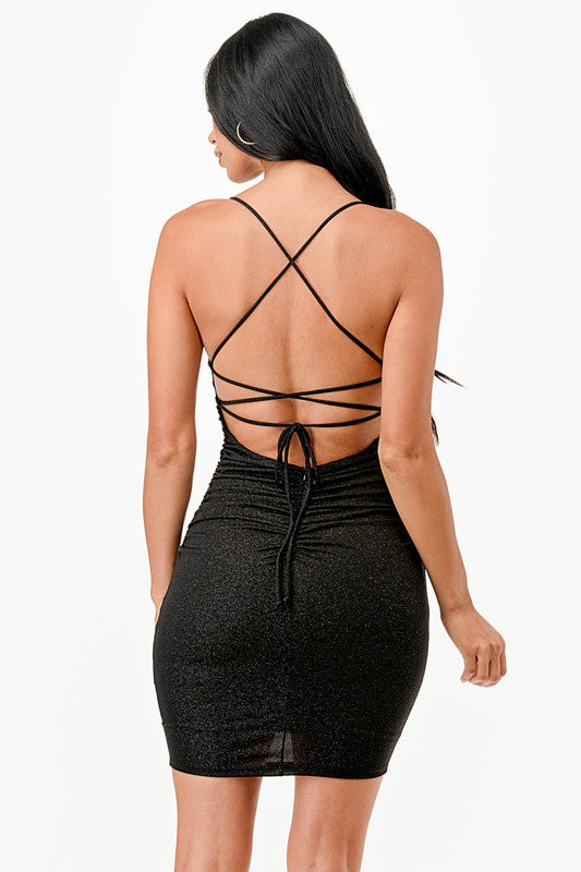 Glittered Back Lace up Short Dress - Fuzzys Fashion USA