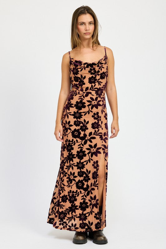 FLORAL PRINT COWL NECK MAXI DRESS - Fuzzys Fashion USA