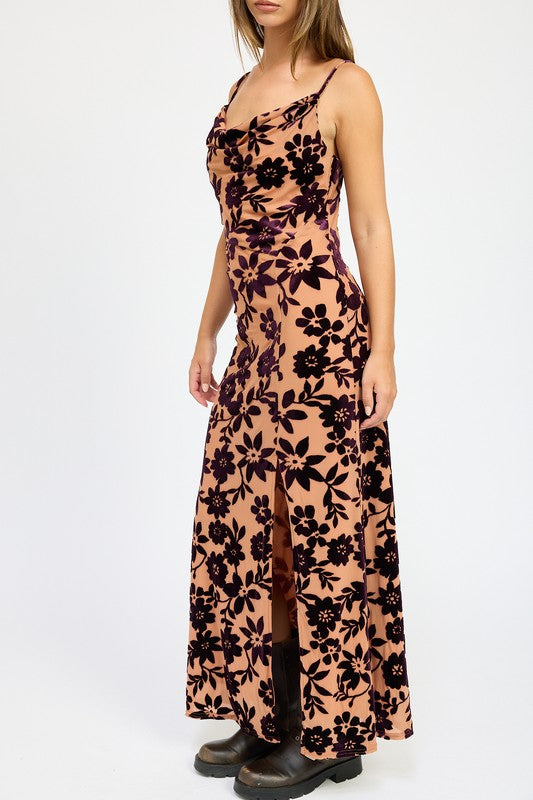 FLORAL PRINT COWL NECK MAXI DRESS - Fuzzys Fashion USA