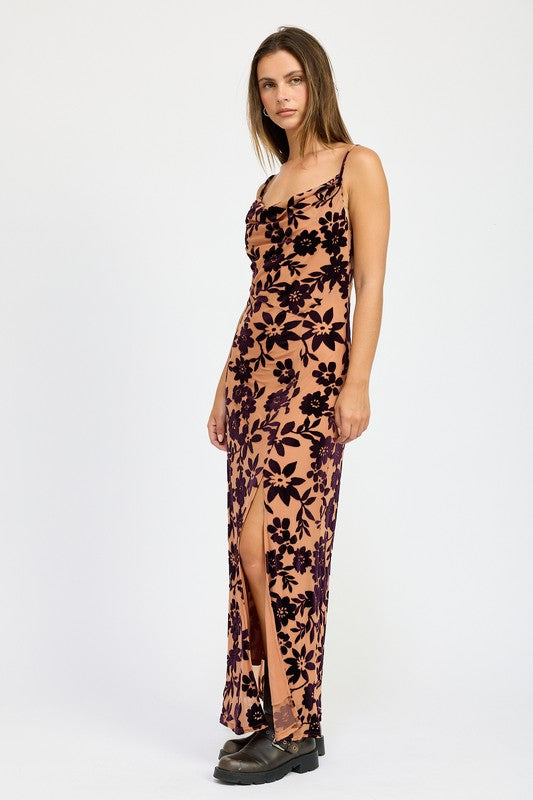 FLORAL PRINT COWL NECK MAXI DRESS - Fuzzys Fashion USA