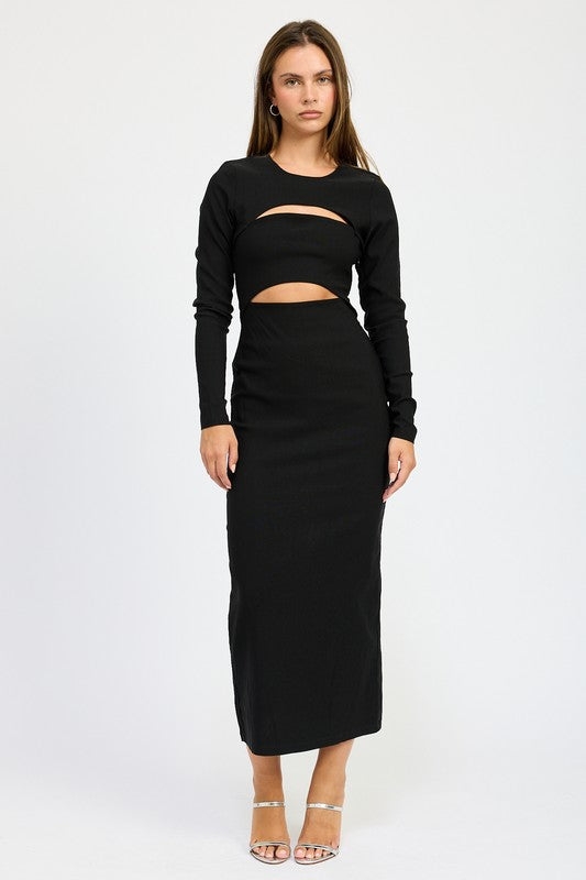 LONG SLEEVE CUTOUT MIDI DRESS - Fuzzys Fashion USA